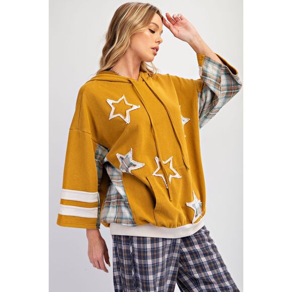 1007 EASEL Medium Mustard Star Patch Mineral Washed Hoodie Pullover Sweatshirt - Picture 2 of 5